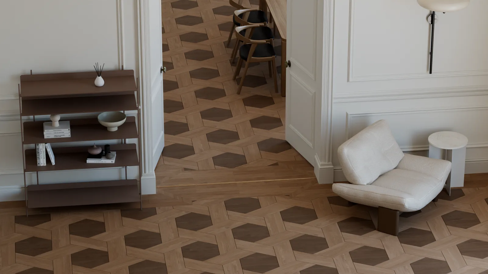 Hex Weave floor laid by Floor and Tiles Generator, rendered in Corona