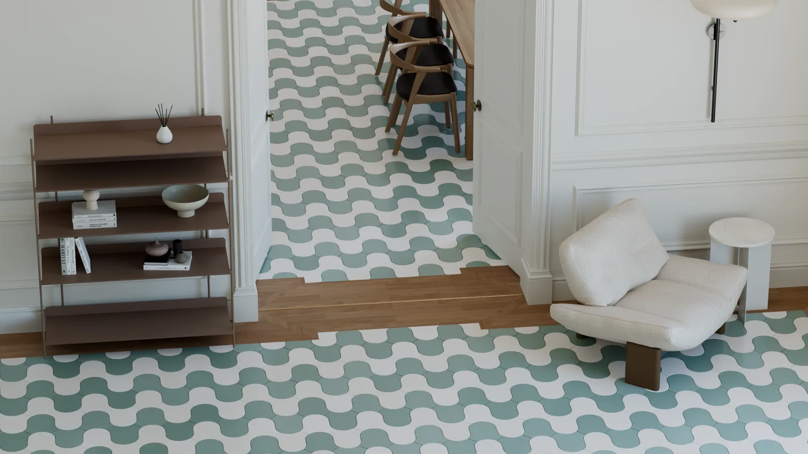Wave floor laid by Floor and Tiles Generator, rendered in Corona