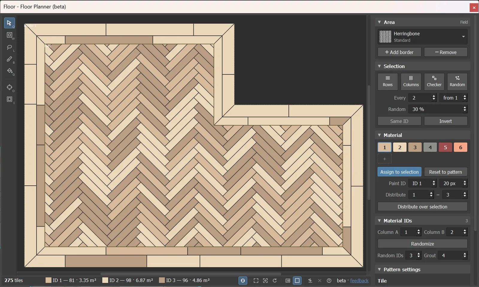 The Planner: a herringbone floor from above, every tile coloured by its material ID