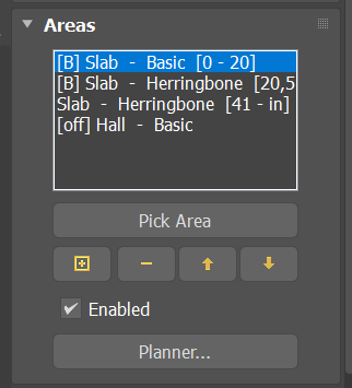 The Areas rollout with four rows. 'Slab · Herringbone', '[B] Slab · Basic', '[B] Slab · Basic', '[off] Hall · Basic', and the buttons under it