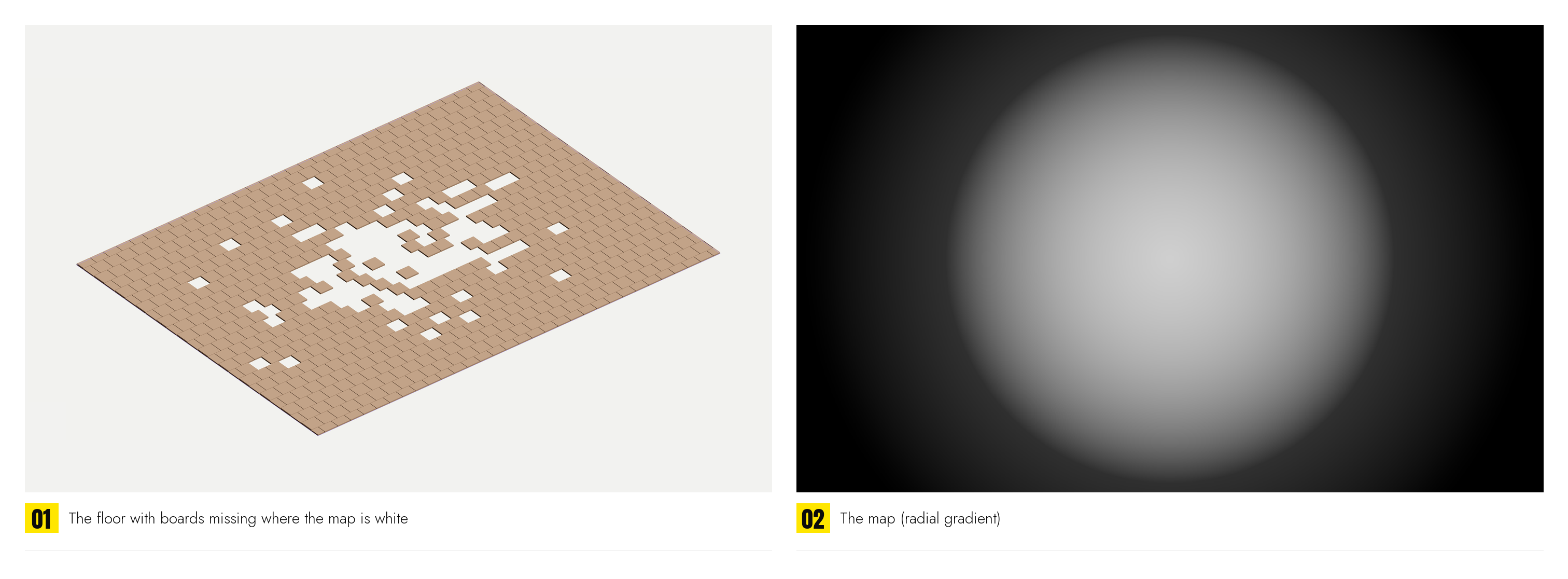 A floor with a soft radial gradient as the Missing map, Chance 100%: boards missing where it is white, whole at the edges, with the map shown small in a corner