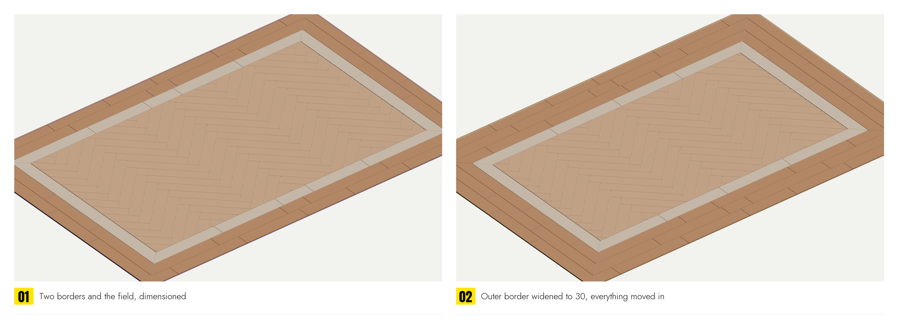 Plan of a room with two borders and the field, dimensioned: Inset 0 / Width 20 · Inset 20 + joint / Width 10 · the field. Then the outer border widened to 30 and everything inside moved in