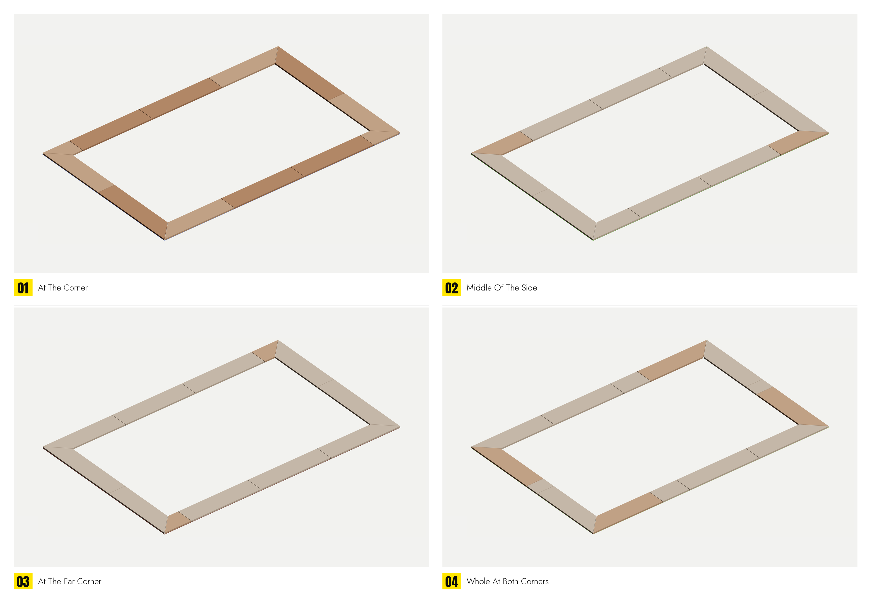 One wall of a border, four times, planks numbered: At The Corner · Middle Of The Side · At The Far Corner · Whole At Both Corners, the offcut shaded in each