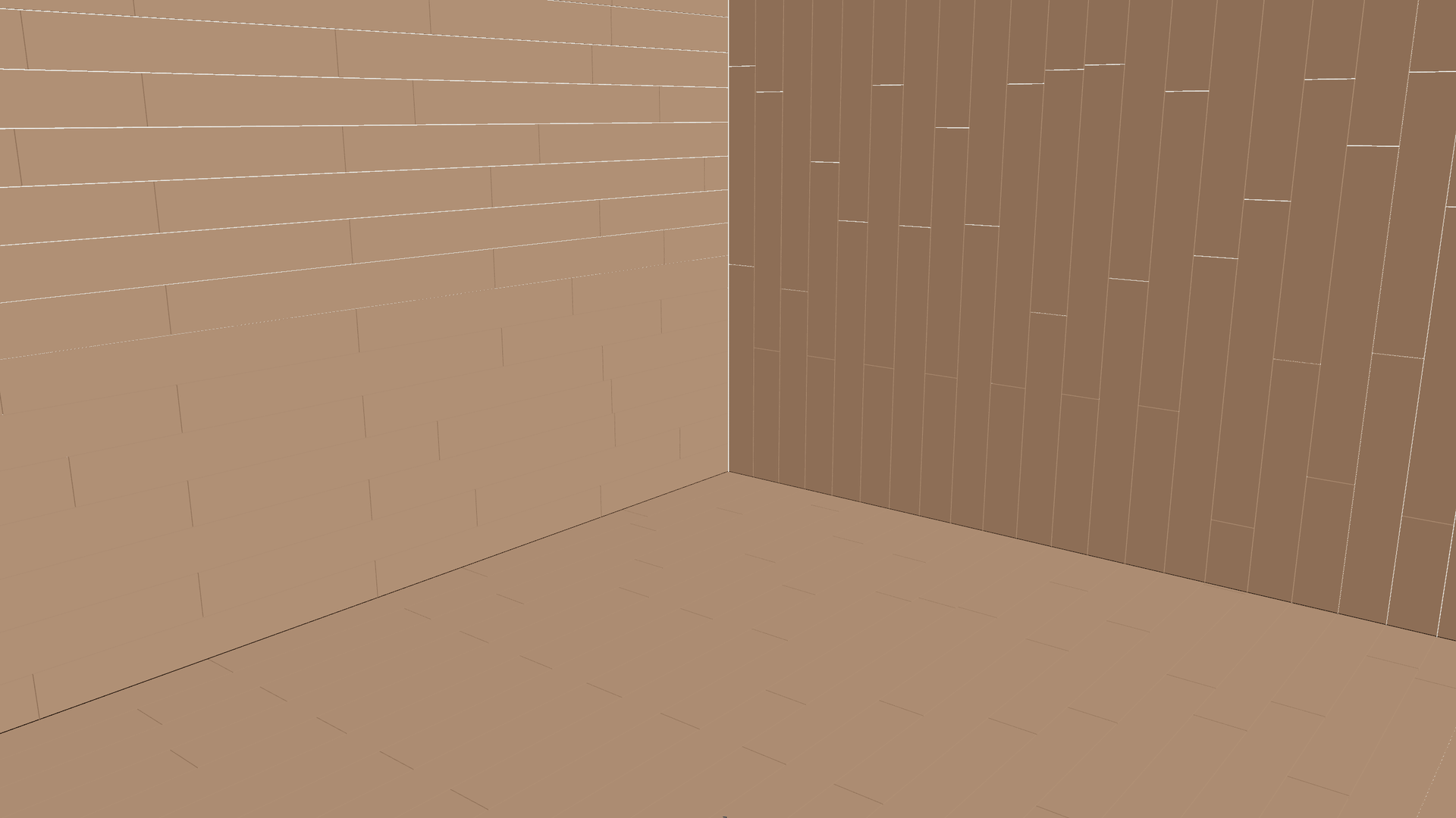 A room's corner from inside, the pattern origin's gizmo at the floor corner, the plank pattern running from it across the floor and up both walls with the joints meeting