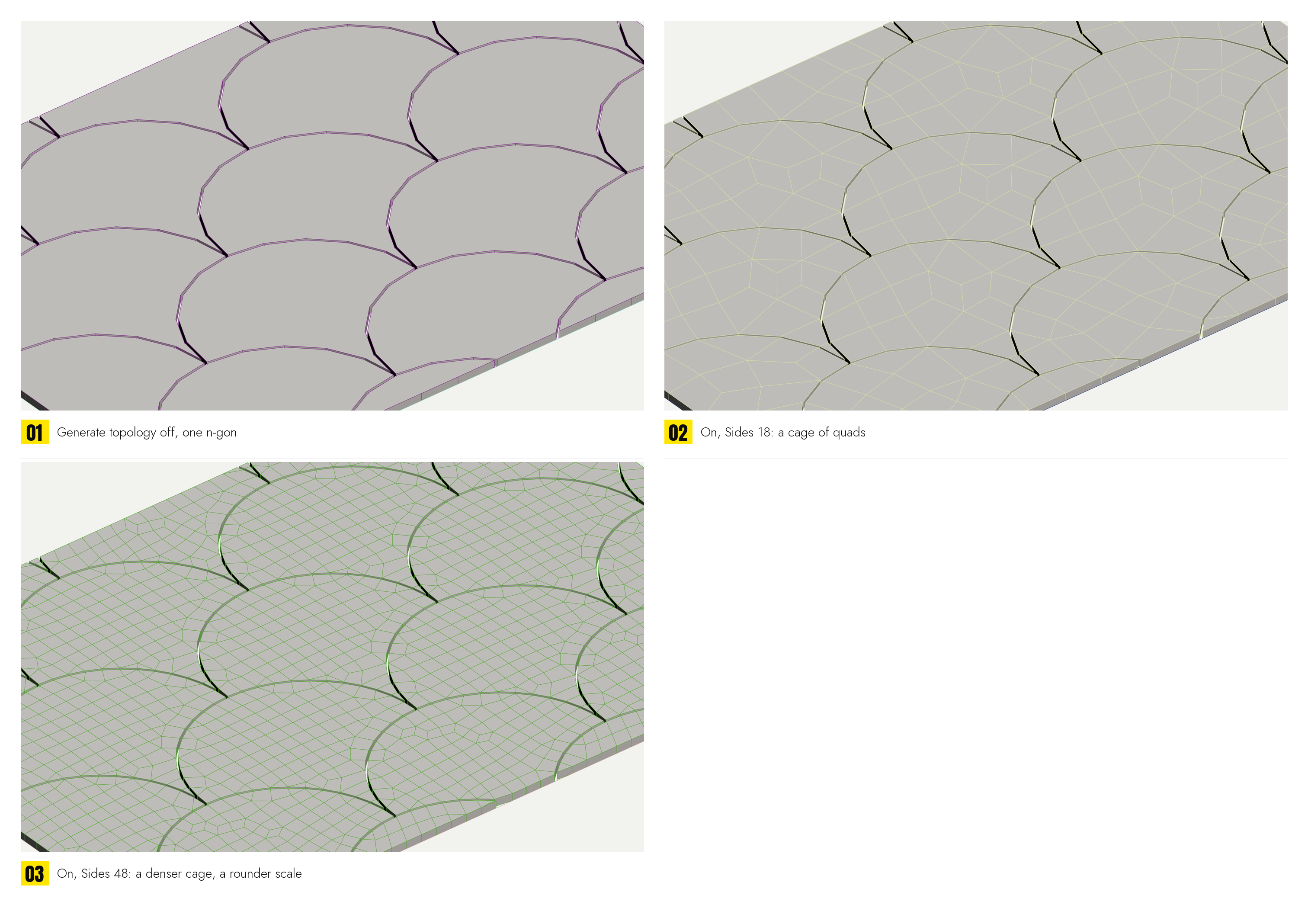 Two tiles cut by a curved wall close up, top face only: Generate topology off (one n-gon) and on (a cage of quads)