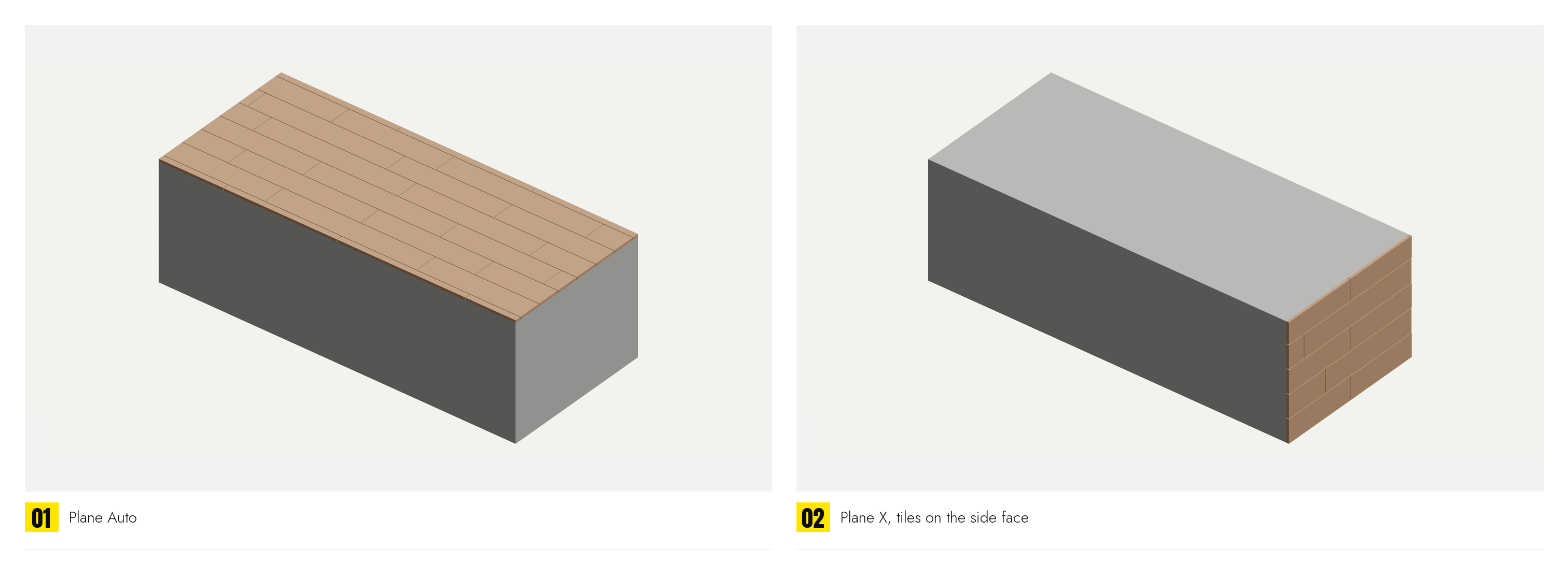 A box slab tiled with Plane Auto, then the same box with Plane X: the tiles on its side face