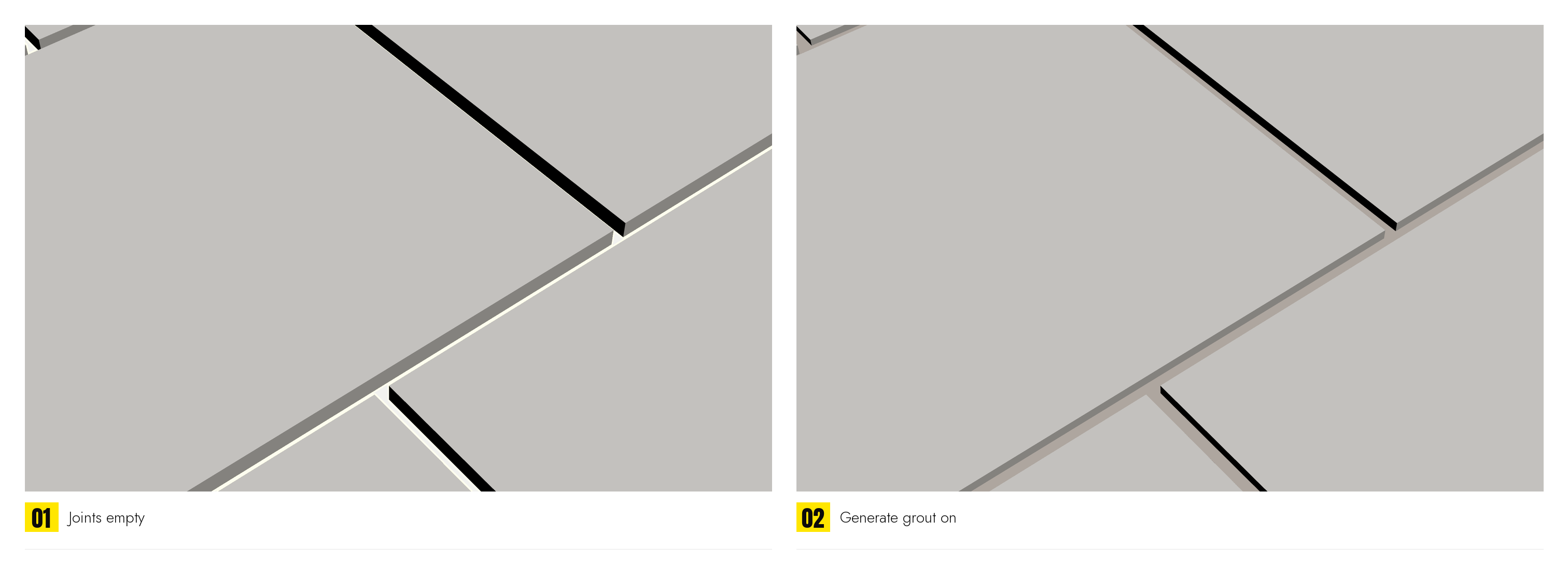 A floor at a low angle, joints empty, then the same floor with Generate grout on: a slab showing between the tiles