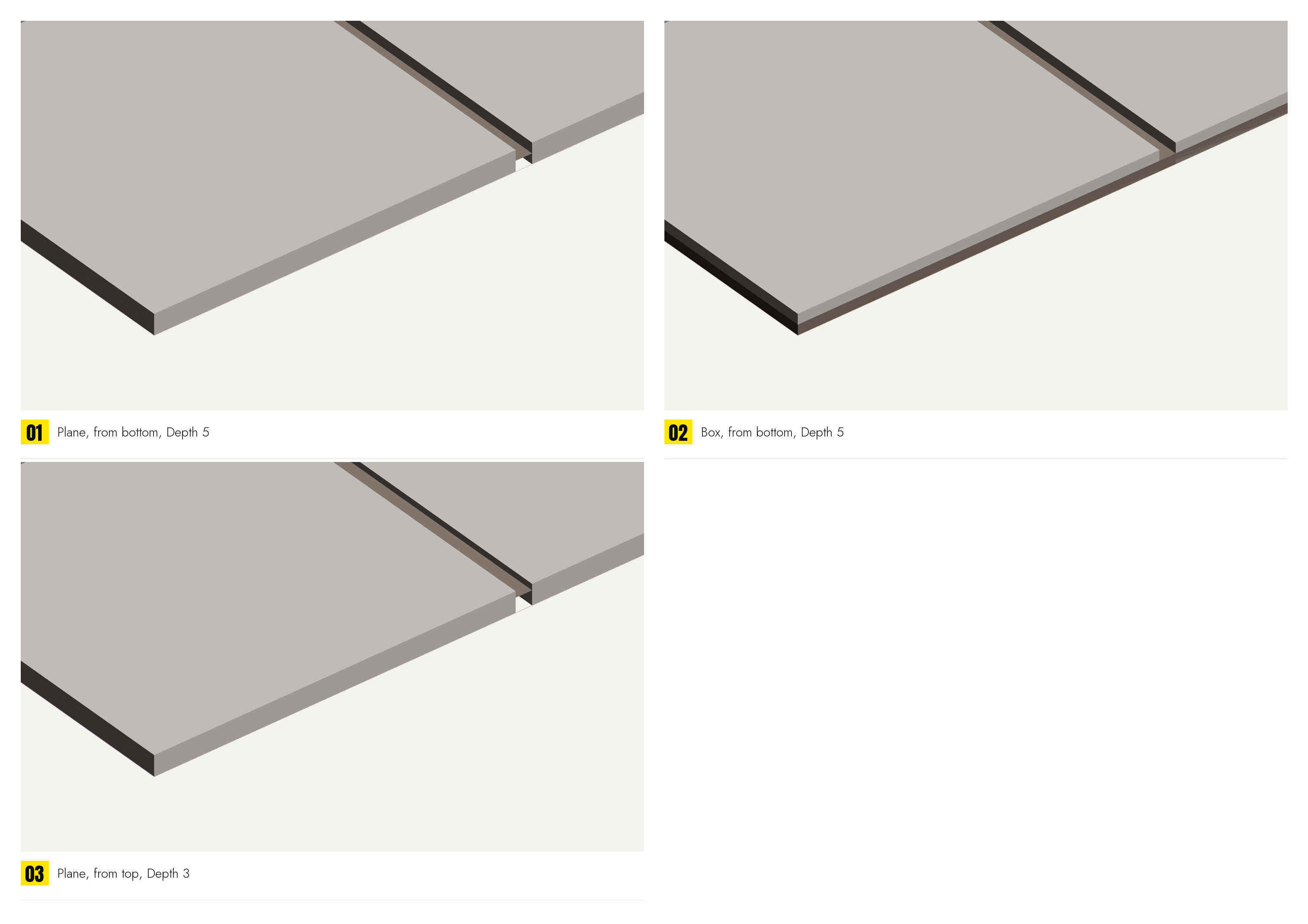 Profile drawings side by side: Plane from bottom, Depth 5 · Box from bottom, Depth 5 · Plane from top, Depth 3, tile section with the grout in grey and the measured distance marked