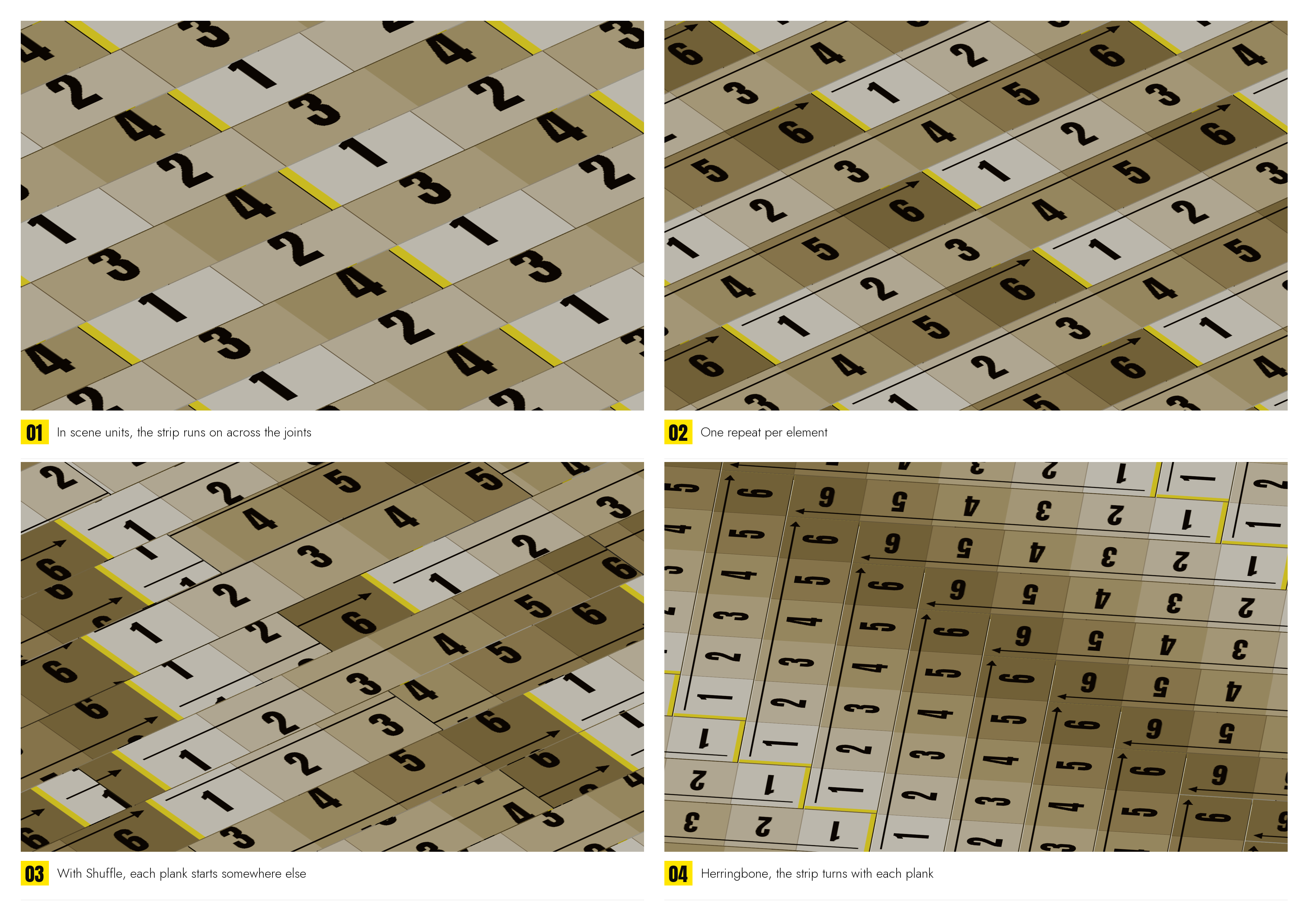 A plank floor mapped with one numbered strip, four ways: in scene units (the strip runs on across the joints) · One repeat per element (each plank gets the whole strip) · the same with Shuffle (each plank starts somewhere else) · a herringbone with the strip turning with each plank