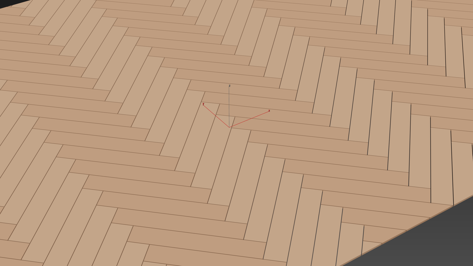 A herringbone floor with the Pattern Origin sub-object selected: its axes at the start of the pattern