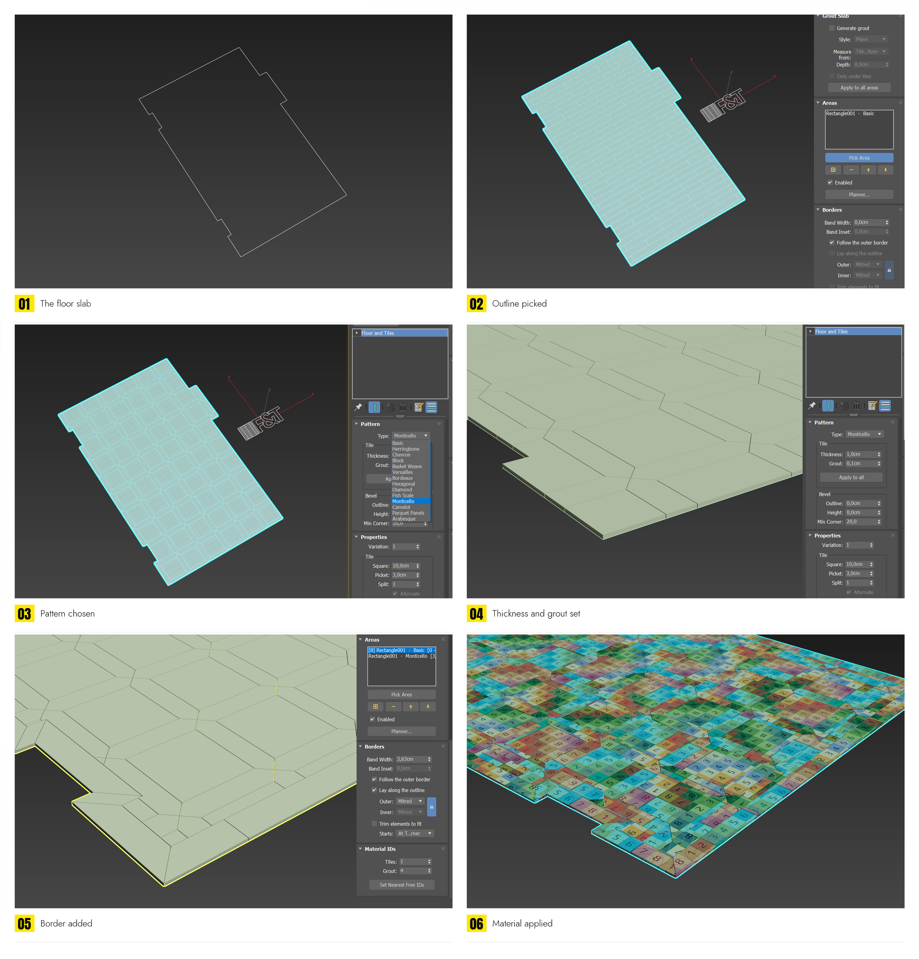 Six frames: slab → outline picked → pattern chosen → thickness and grout → border added → material applied