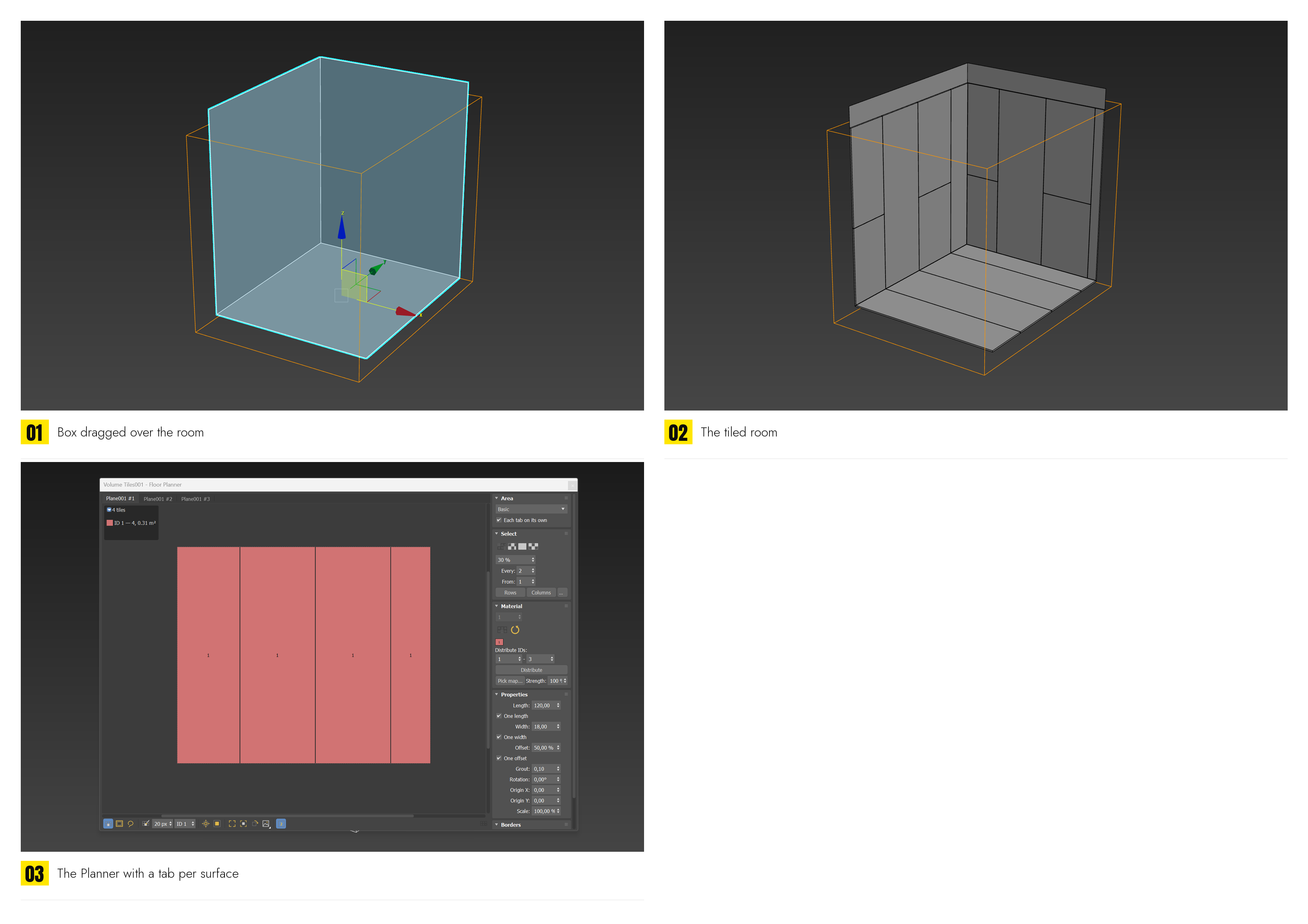 Box dragged over a room, then the tiled room, then the Planner with surface tabs
