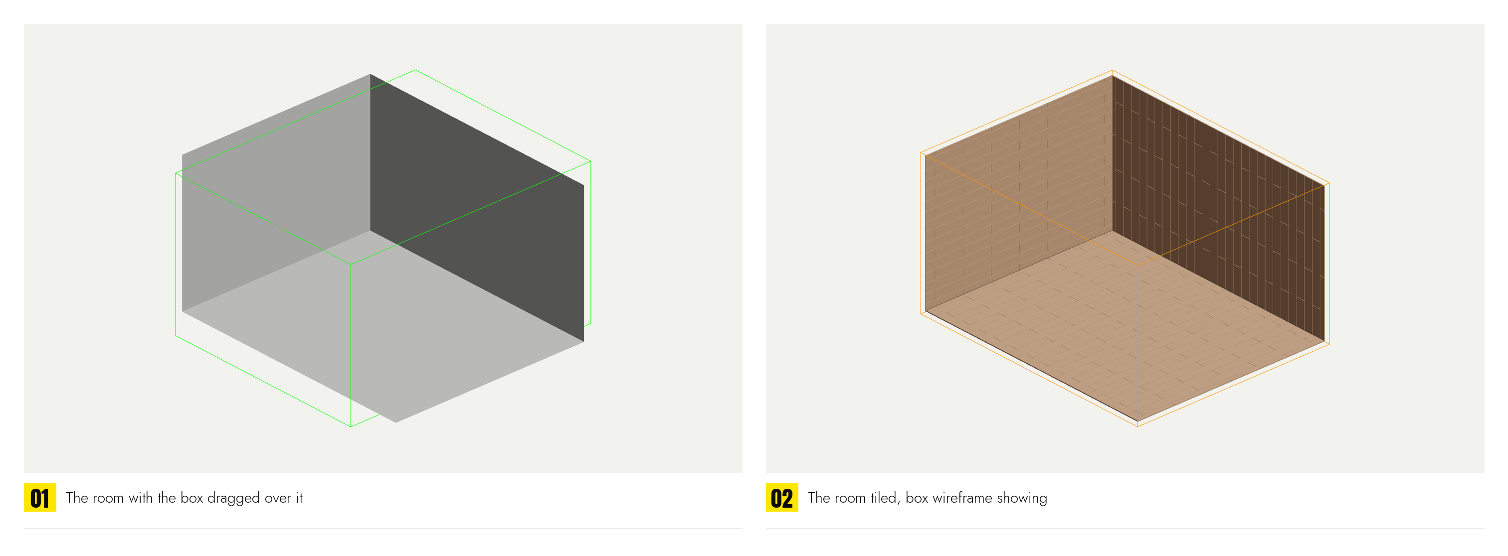 A modelled room with a box dragged over it, then the same room tiled: floor, walls and ceiling, the box's wireframe still showing