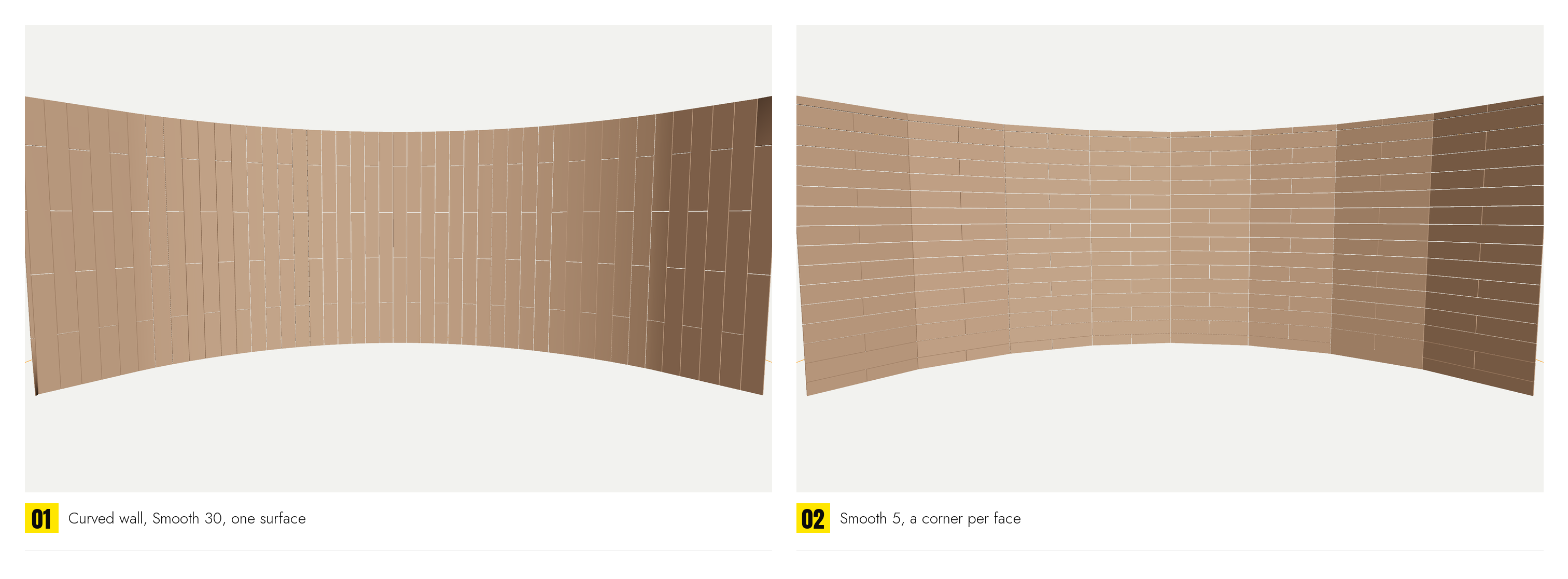 A curved wall tiled with Smooth 30: the planks bend round the faces without a break; next to it the same wall with Smooth 5, each face its own surface with a corner between